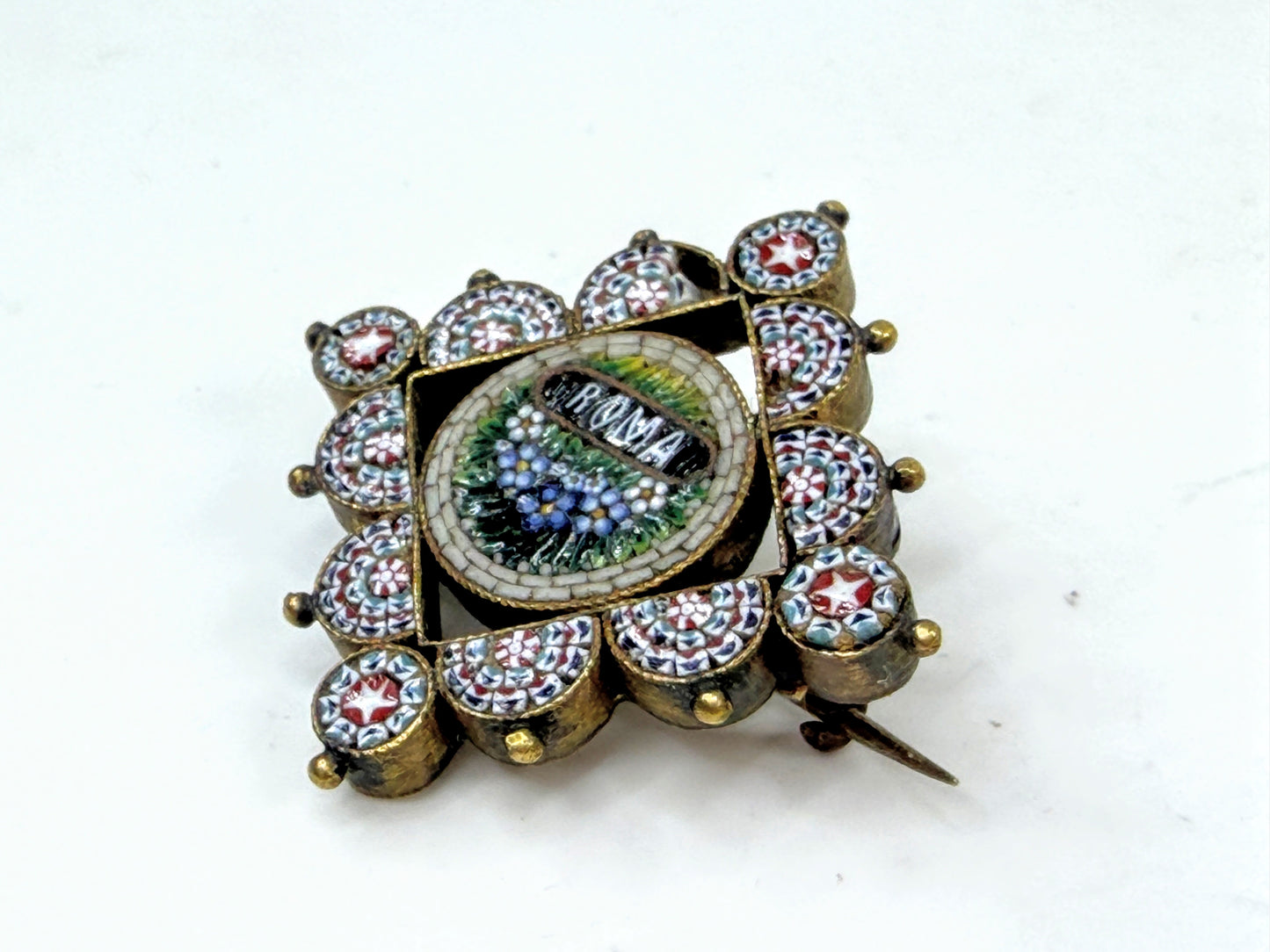Antique Italian Micro Mosaic Roma Brooch Millefiori Frame JR1538