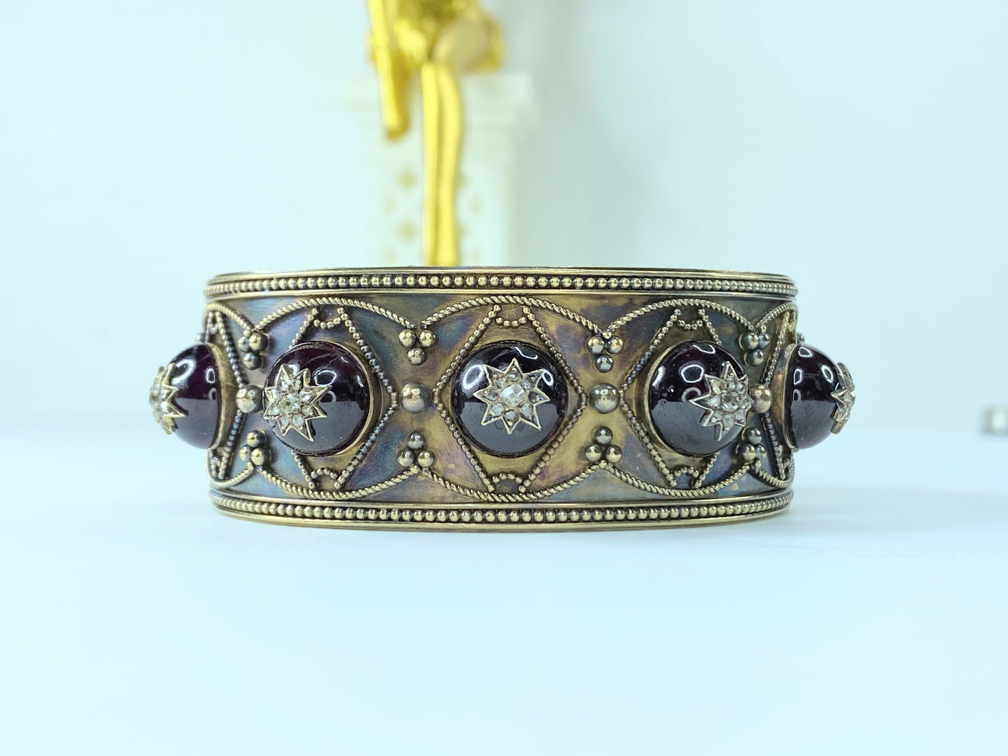 Appraised $9,995 Victorian 15k 10.0ct Carbuncle garnet Diamond bangle 6.6" 46.7gm