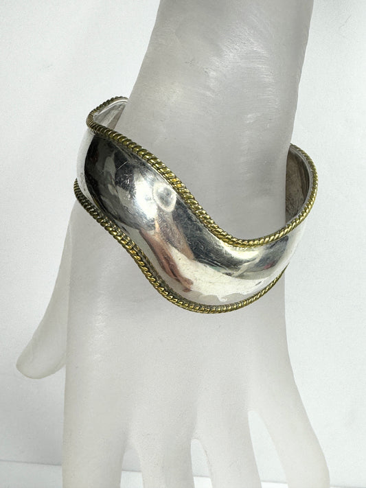 LATON Mexico Sterling 925 Wave cuff Bracelet brass twist border6.75 23.5g JR9436