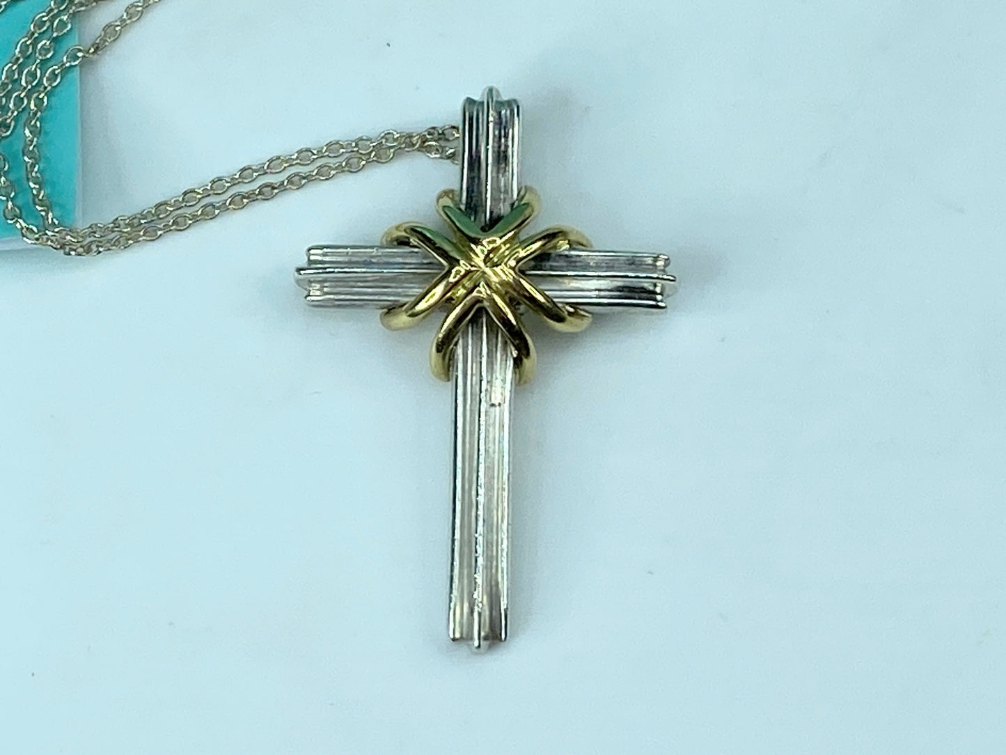 Tiffany & Co Sterling Silver 18K gold Cross pendant necklace 18" JR326