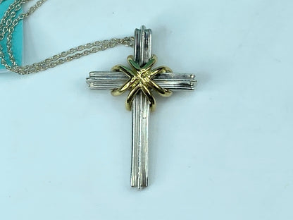 Tiffany & Co Sterling Silver 18K gold Cross pendant necklace 18" JR326