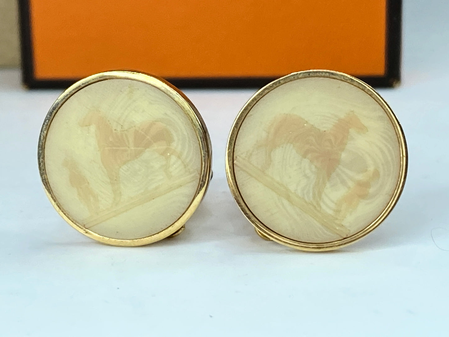 Hermes Paris Corozo Horse Motif Clip On Earrings Gold tone Accessory GS167