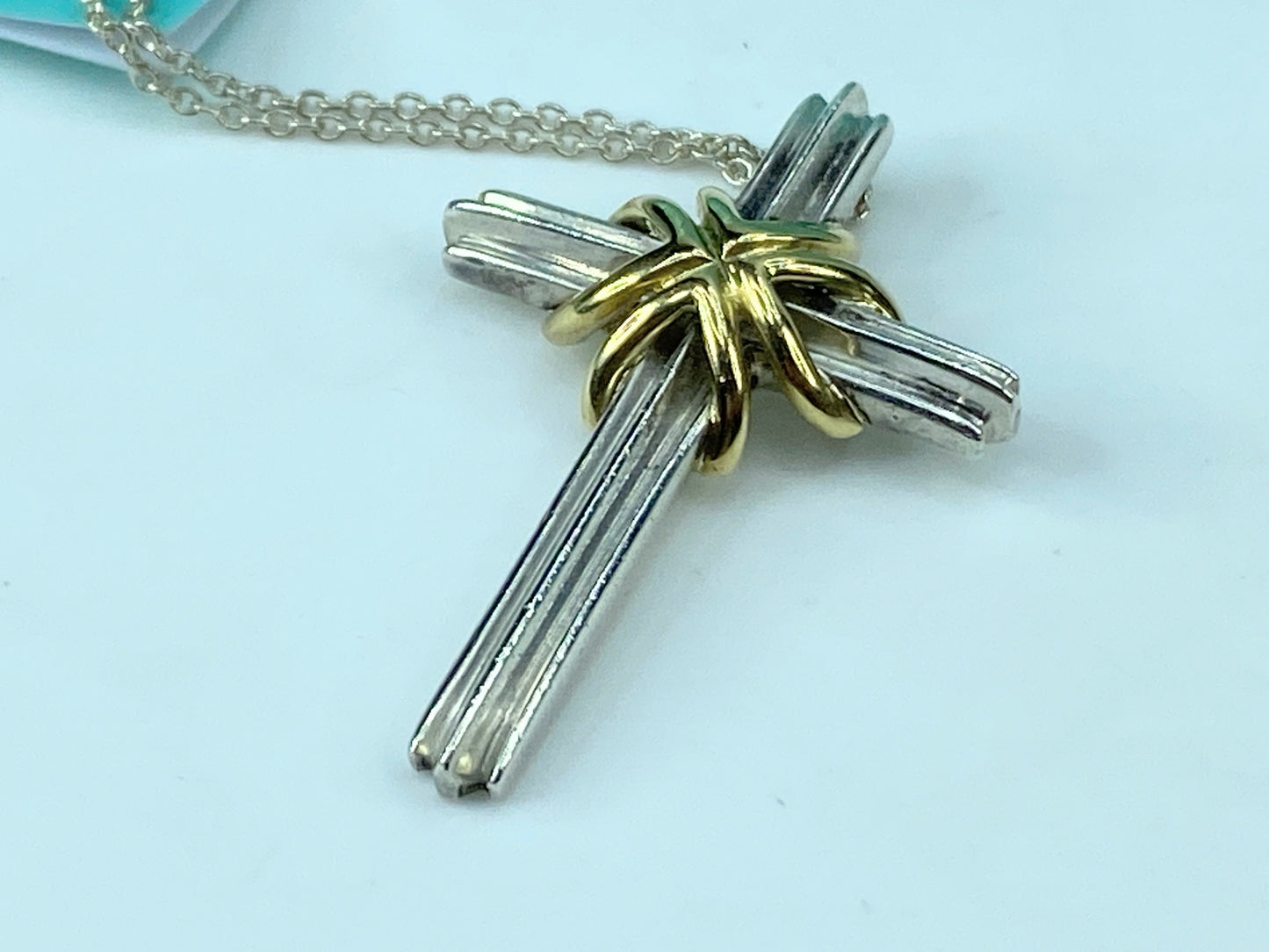 Tiffany & Co Sterling Silver 18K gold Cross pendant necklace 18" JR326