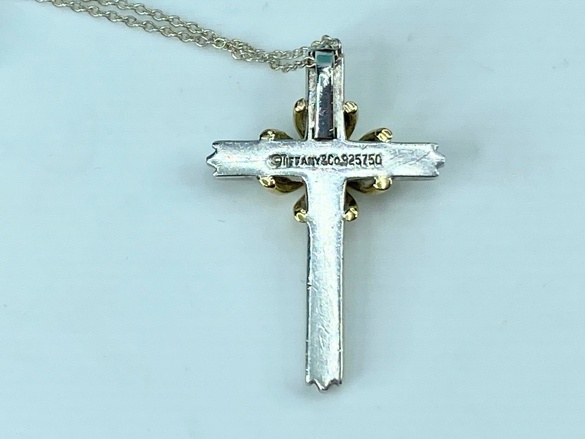 Tiffany & Co Sterling Silver 18K gold Cross pendant necklace 18" JR326