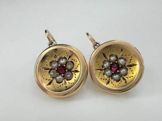 Victorian Ruby Pearl Earrings Flower Cluster Motif Dangle 14 Karat Gold JR9438