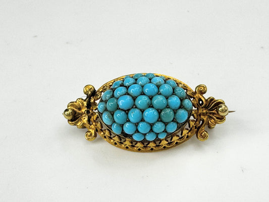 Victorian Pavé Turquoise Oval exquisite decoration in 10K brooch pin 3.3g JR9439