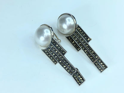 Sterling 20mm JJ faux pearl and marcasite soft clip earrings 2 5/8" 22.5g JR0040