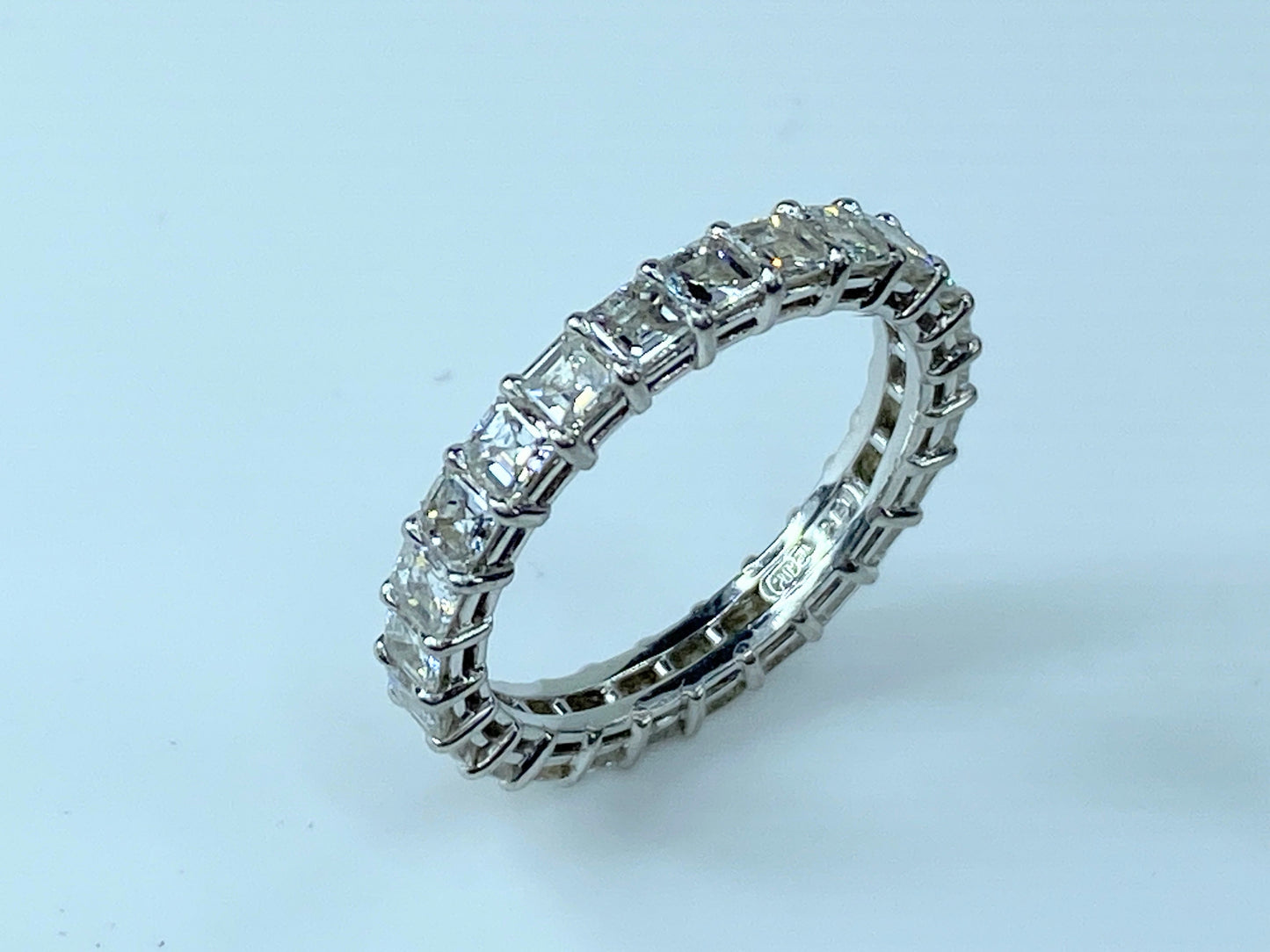 Appraised $8,995 Platinum 2.51ct F/VVS2 Asscher cut diamond eternity ring