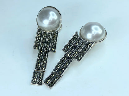 Sterling 20mm JJ faux pearl and marcasite soft clip earrings 2 5/8" 22.5g JR0040