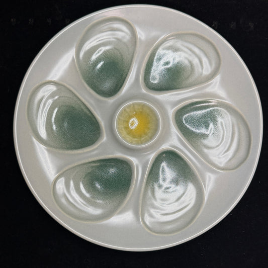 Vintage French Salins Majolica Green and Yellow Oyster Plate 9.67in A897