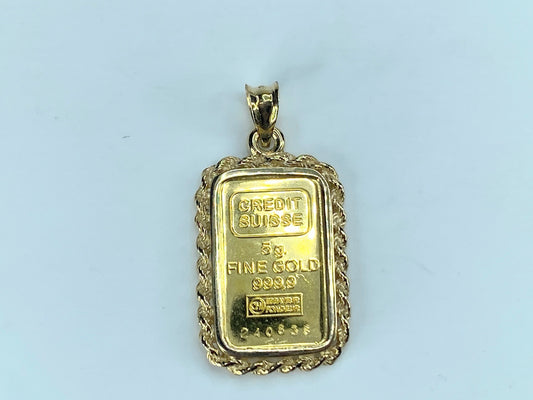 Gold Bullion Bar Credit Suisse 5 Gram Pendant in 14K Gold Rope Frame 9.0g JR9202