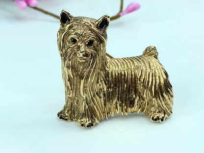 Custom 14K Yorkshire Terrier Brooch – Boy Dog, diamond eye black enamel JR991