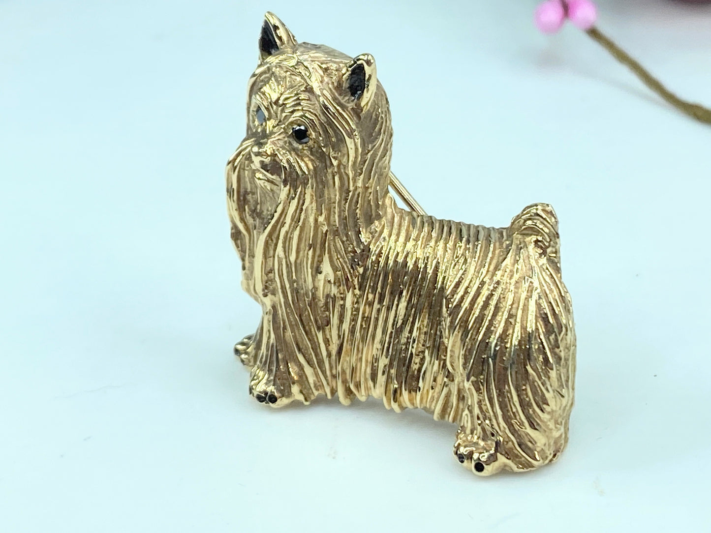 Custom 14K Yorkshire Terrier Brooch – Boy Dog, diamond eye black enamel JR991