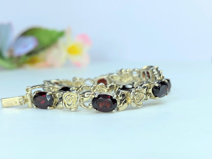 Sterling silver faceted Oval Garnet Rose flowers gold wash bracelet 14.6g JR0041