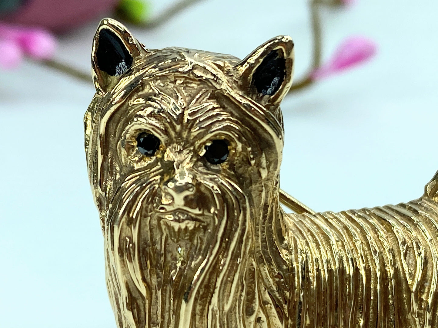 Custom 14K Yorkshire Terrier Brooch – Boy Dog, diamond eye black enamel JR991