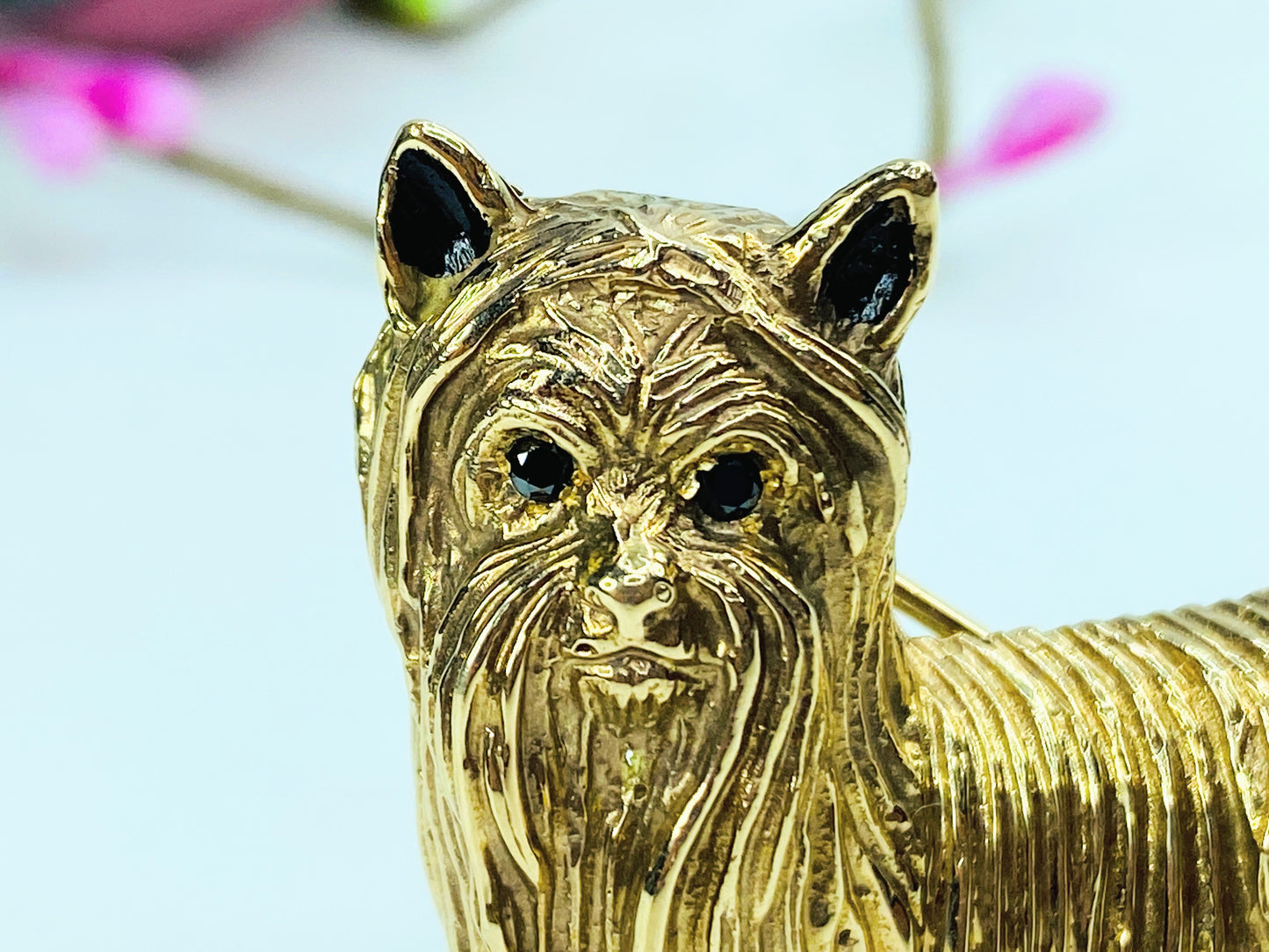 Custom 14K Yorkshire Terrier Brooch – Boy Dog, diamond eye black enamel JR991