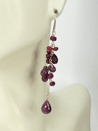 14k Gold natural Ruby Earrings faceted Briolette Teardrops 6.0g 2 5/8" JR9445