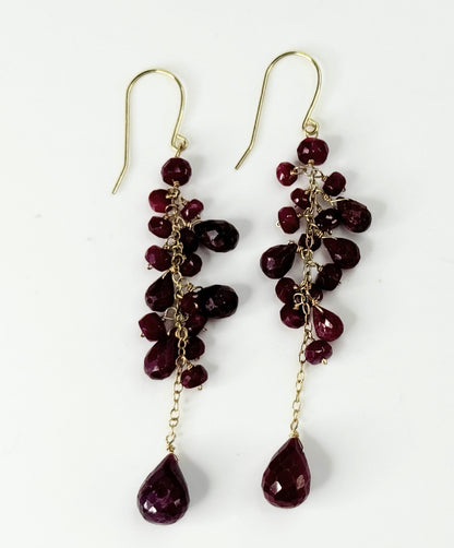 14k Gold natural Ruby Earrings faceted Briolette Teardrops 6.0g 2 5/8" JR9445