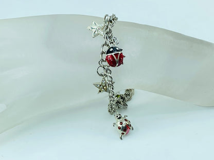 Italian 925 Sterling Silver Charm Bracelet with Rhinestone Enamel Charms JR993