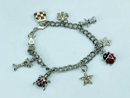 Italian 925 Sterling Silver Charm Bracelet with Rhinestone Enamel Charms JR993