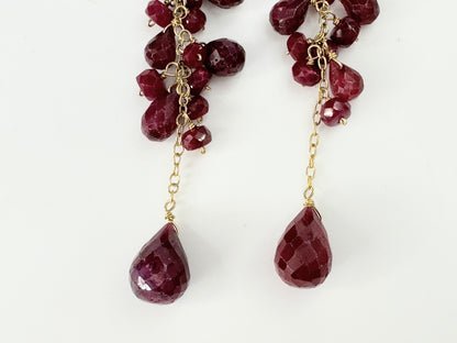 14k Gold natural Ruby Earrings faceted Briolette Teardrops 6.0g 2 5/8" JR9445