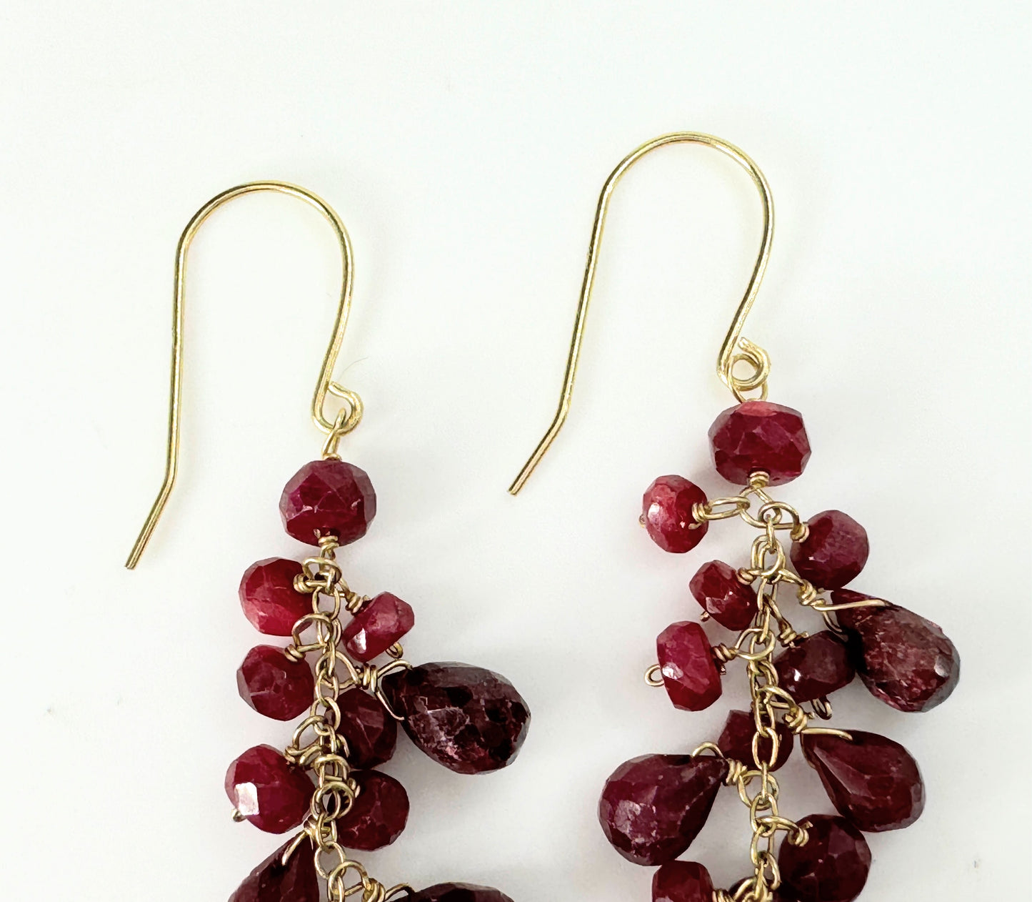 14k Gold natural Ruby Earrings faceted Briolette Teardrops 6.0g 2 5/8" JR9445