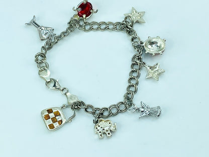 Italian 925 Sterling Silver Charm Bracelet with Rhinestone Enamel Charms JR993