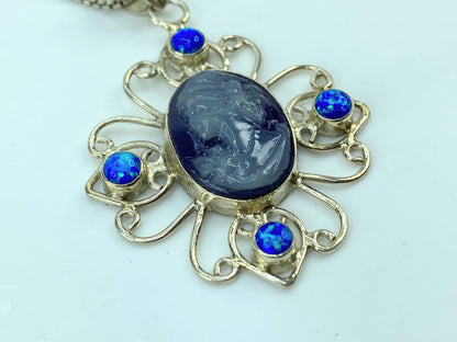 Sterling silver Cameo Opal openwork scroll pendant necklace 9.1g 24" JR995