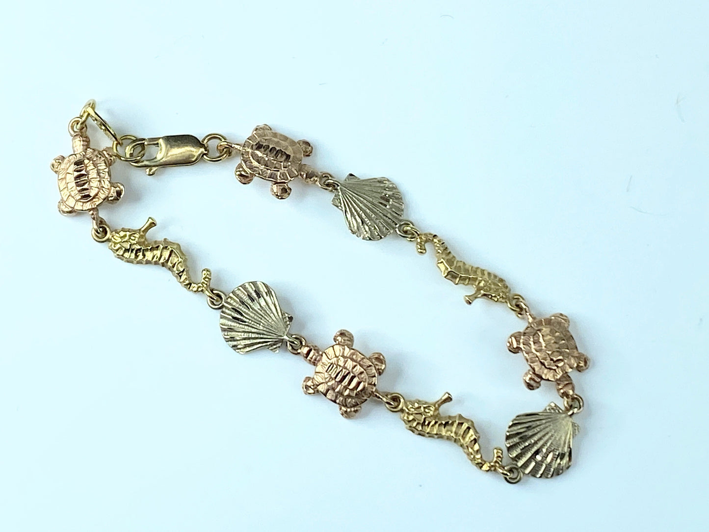 14k bi-color Sea Life Seahorse Clam Turtle designer Bracelet 7.25" 8.5g