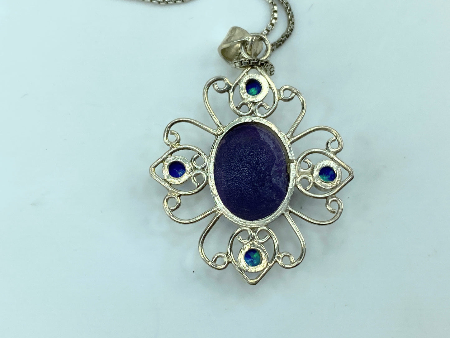 Sterling silver Cameo Opal openwork scroll pendant necklace 9.1g 24" JR995