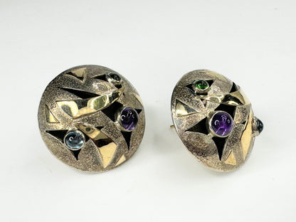 Sterling 14K Topaz, Purple & Green Amethyst Dome open work earrings 11.3g JR9447