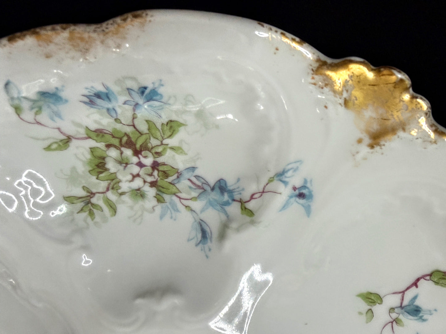 Antique Limoges Porcelain Floral Oyster Plate Gilt Trim 7.5 Inch A892