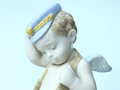 Lladro Love Letters Cupid Figurine In Blue Cap With Sack of Pink Hearts A119