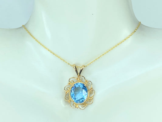 5.05 ct oval Blue Topaz  scroll bezel Necklace in 14K Yellow Gold 4.5g JR9206