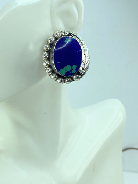 Native American Sterling Silver Azurite Post Earrings by Delores Cadman JR998