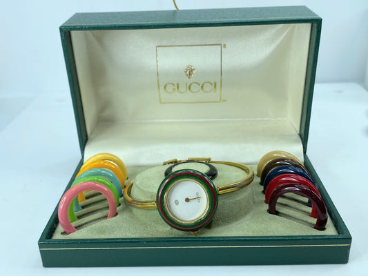 Gucci Change Bezel 12 Colors White & Gold Women's Watch Plating Quartz Box GS405