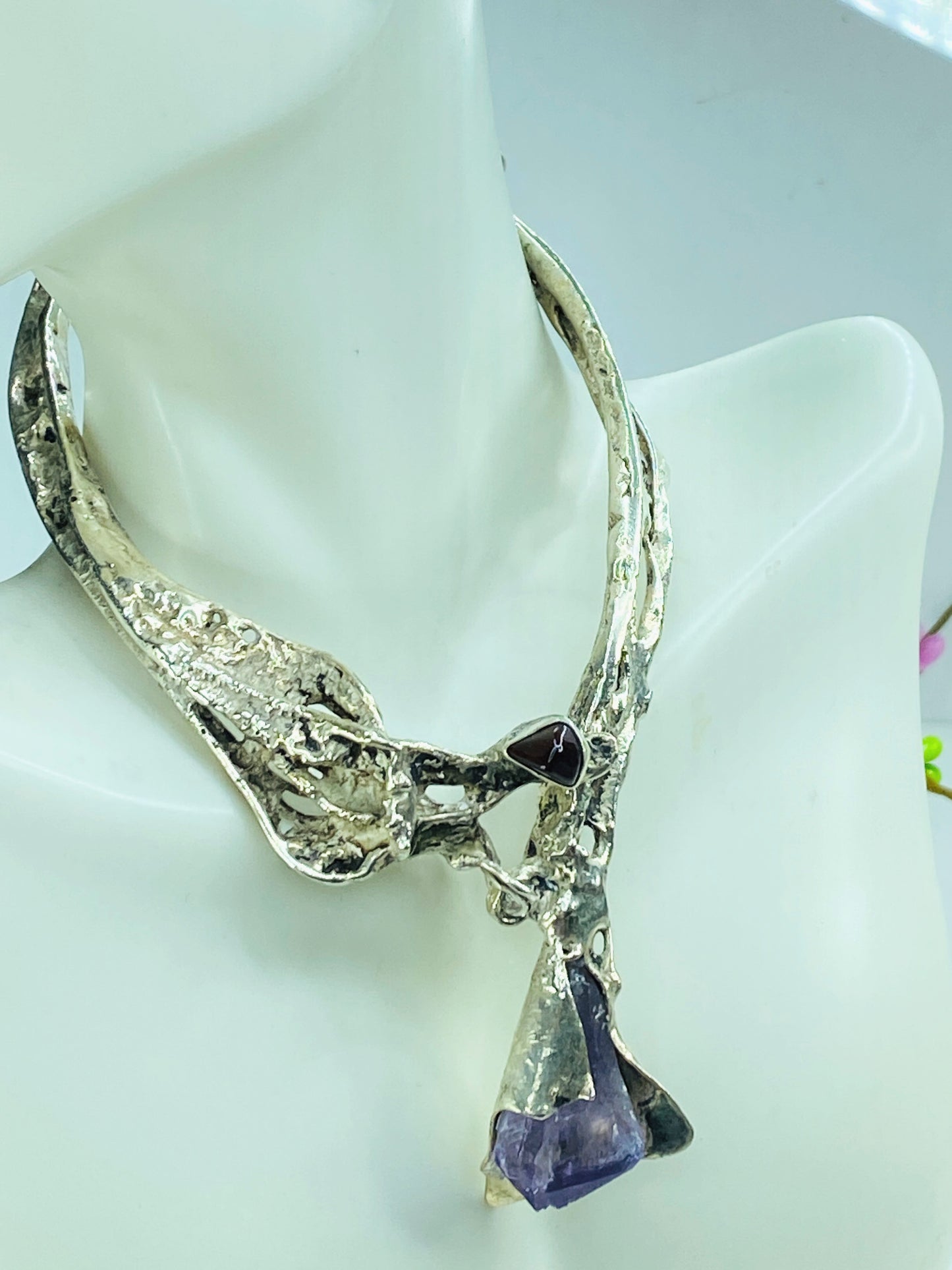 Sterling Silver Brutalist Calla Lily Amethyst Necklace, Handmade, 15" 88g JR999