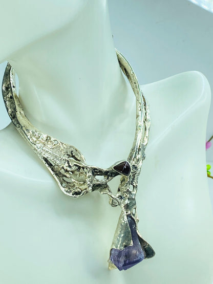 Sterling Silver Brutalist Calla Lily Amethyst Necklace, Handmade, 15" 88g JR999