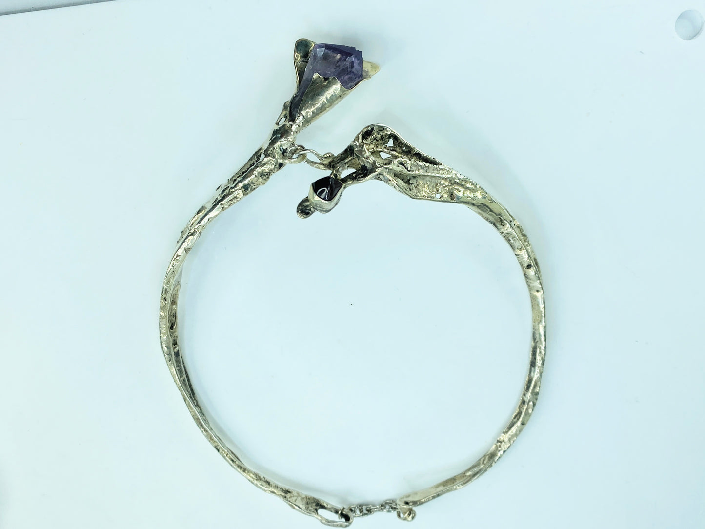 Sterling Silver Brutalist Calla Lily Amethyst Necklace, Handmade, 15" 88g JR999