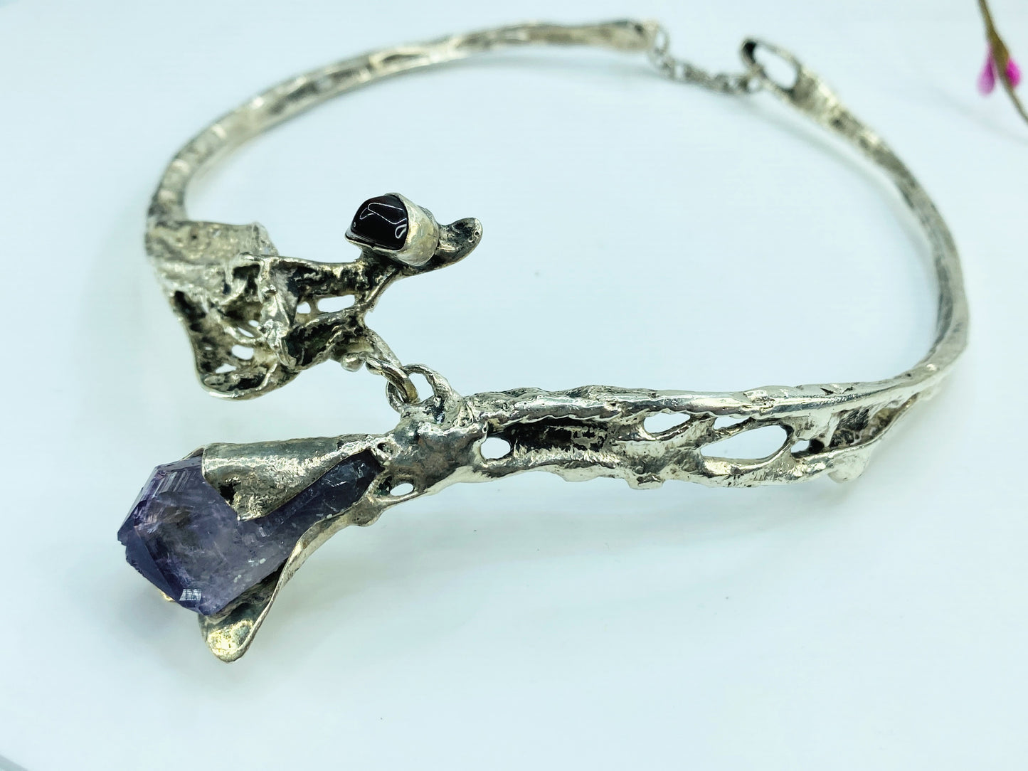 Sterling Silver Brutalist Calla Lily Amethyst Necklace, Handmade, 15" 88g JR999