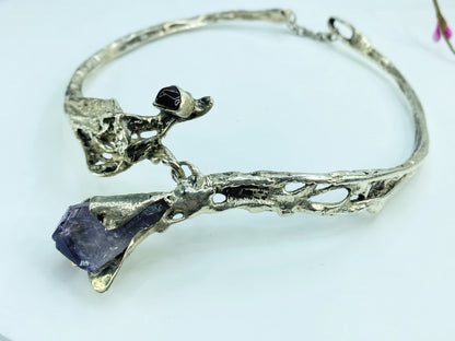 Sterling Silver Brutalist Calla Lily Amethyst Necklace, Handmade, 15" 88g JR999