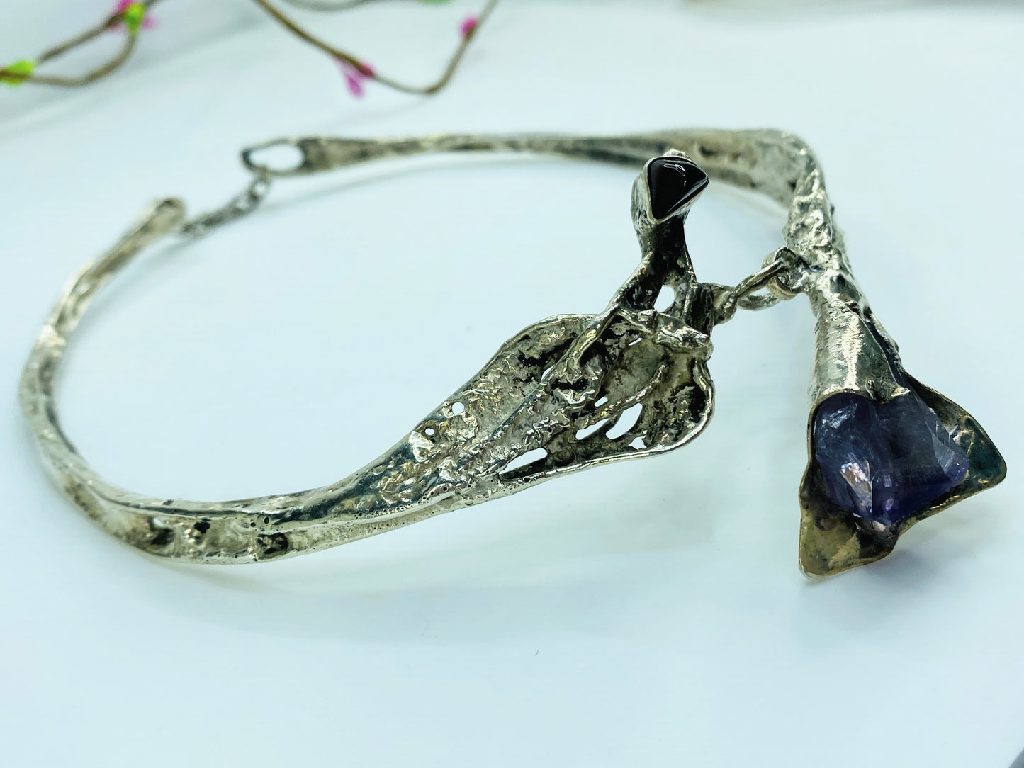 Sterling Silver Brutalist Calla Lily Amethyst Necklace, Handmade, 15" 88g JR999