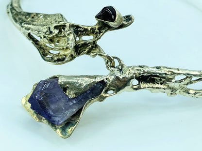 Sterling Silver Brutalist Calla Lily Amethyst Necklace, Handmade, 15" 88g JR999