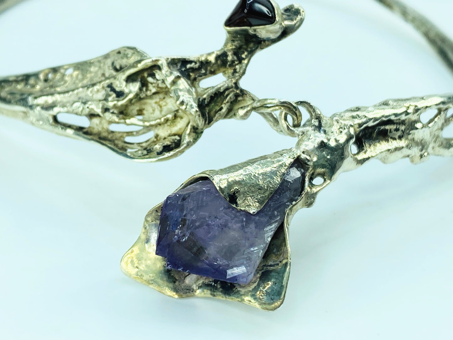 Sterling Silver Brutalist Calla Lily Amethyst Necklace, Handmade, 15" 88g JR999