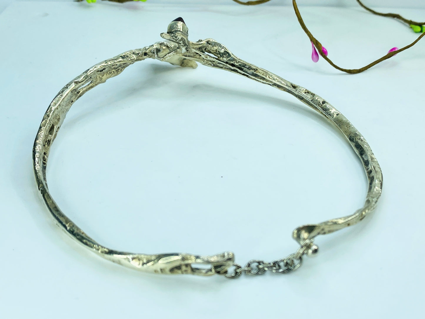 Sterling Silver Brutalist Calla Lily Amethyst Necklace, Handmade, 15" 88g JR999