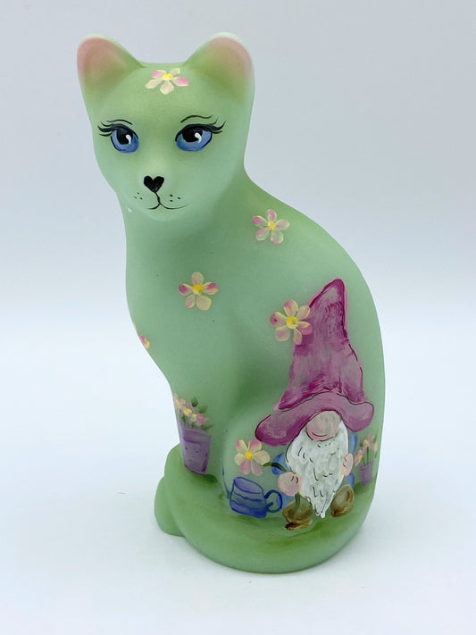 Fenton Glass Jadeite Green Garden Gnome Stylized Cat Ltd Ed Kibbe #2/37 #246