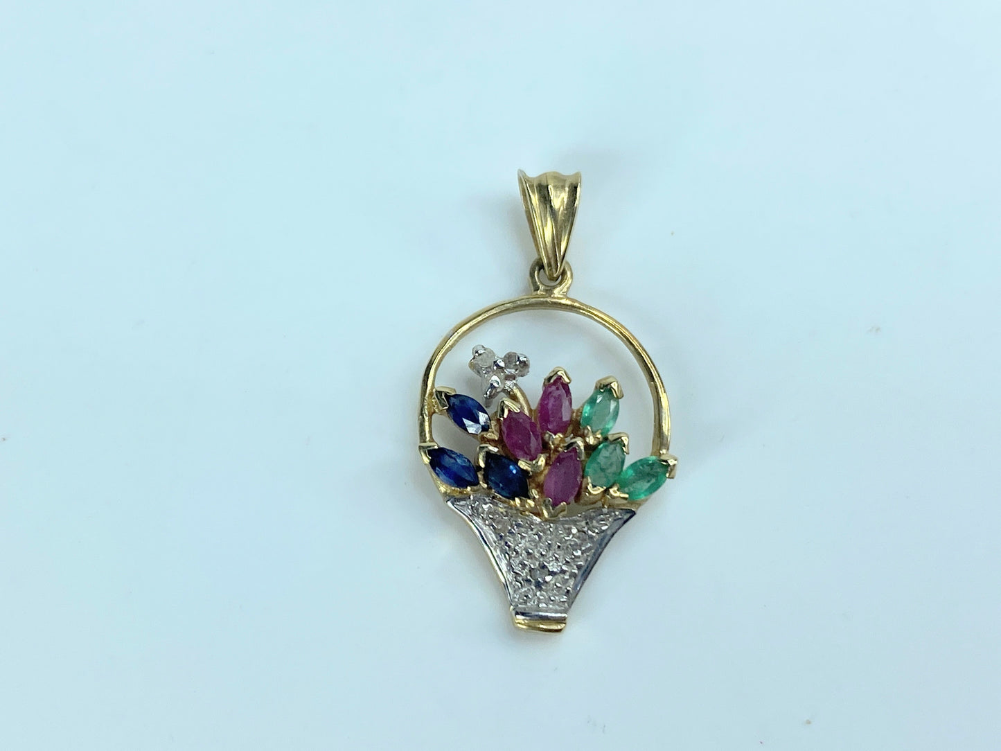 14k Yellow Gold Sapphire Ruby Emerald and Diamond Flower Basket Pendant JR9212