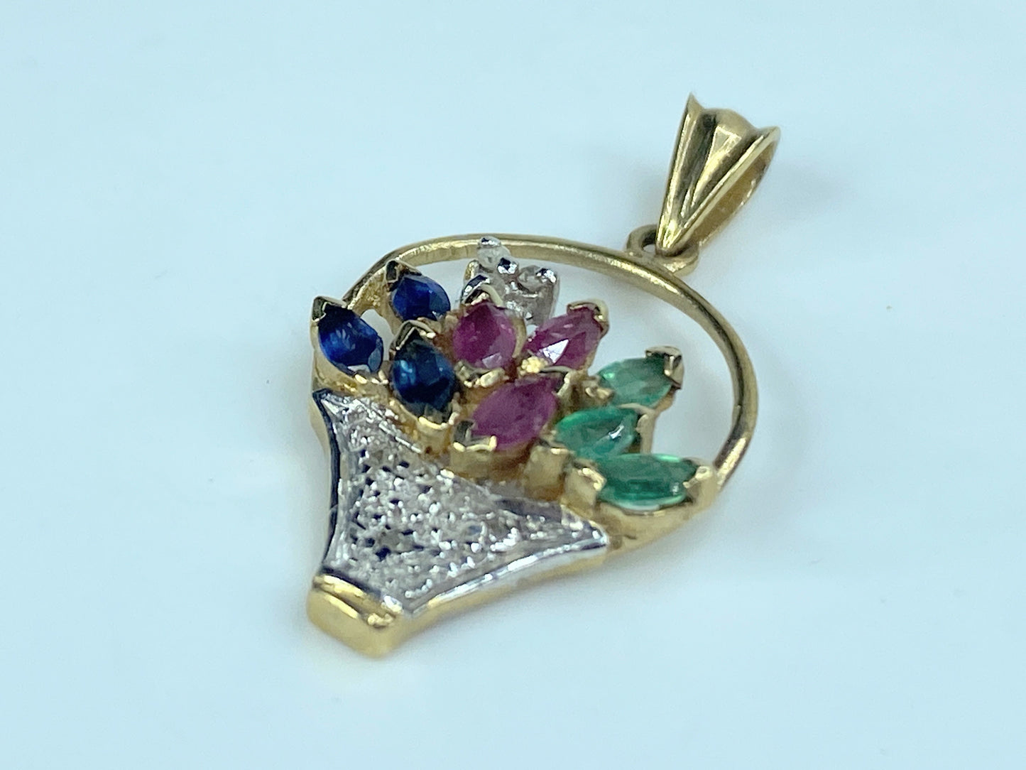 14k Yellow Gold Sapphire Ruby Emerald and Diamond Flower Basket Pendant JR9212