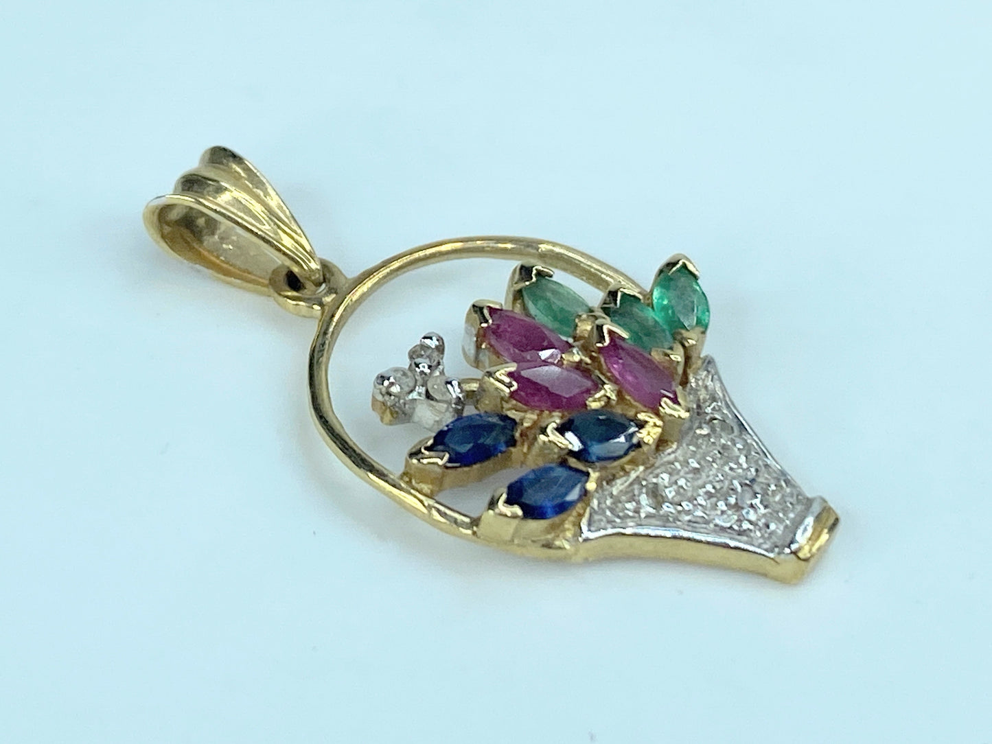 14k Yellow Gold Sapphire Ruby Emerald and Diamond Flower Basket Pendant JR9212