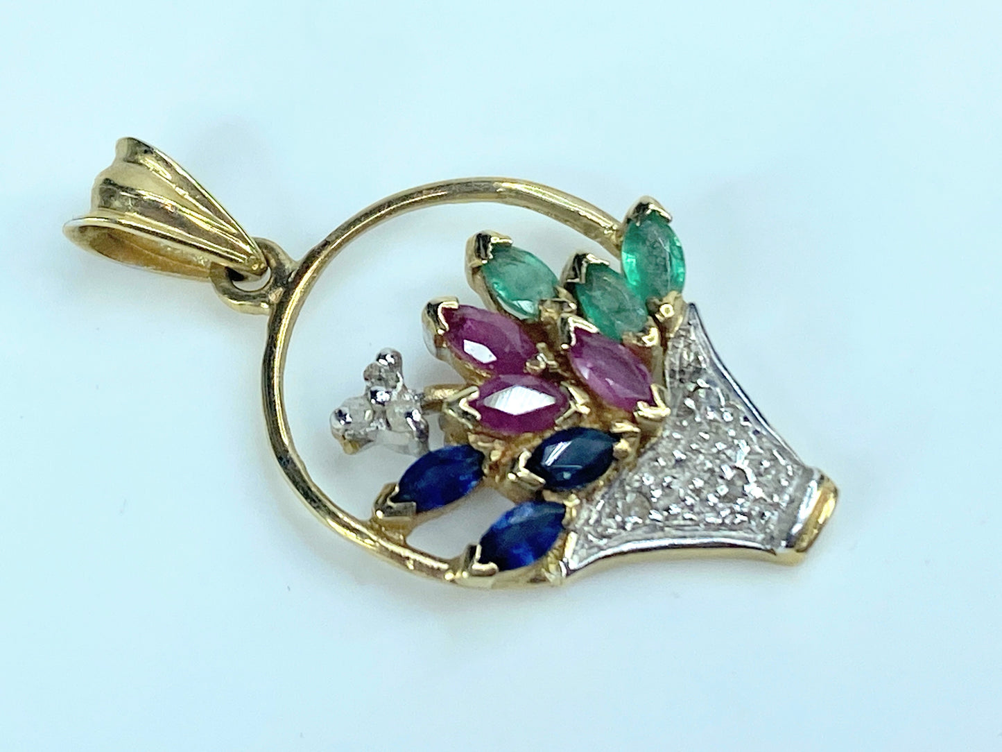 14k Yellow Gold Sapphire Ruby Emerald and Diamond Flower Basket Pendant JR9212